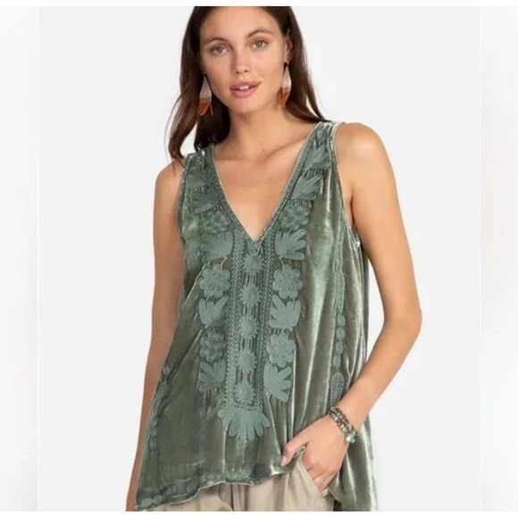 Johnny Was Yasmine Velvet Embroidered Sleeveless Silk Monochrome Green Size XS - Picture 1 of 11